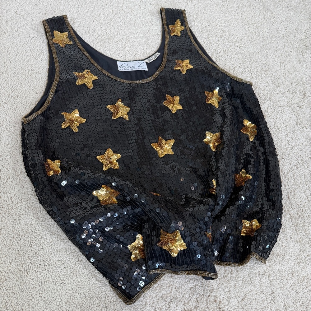 Vintage Rina Z. New York Montreal Paris 100% Silk Sequin Beaded Stars Tank Top - Picture 17 of 17